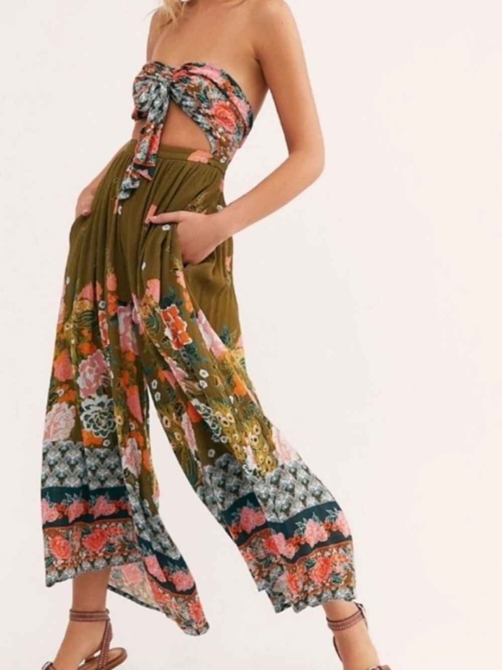 Free People Birds of Paradise Jumpsuit Wide Leg Bali Bold Floral Print Flowy!
